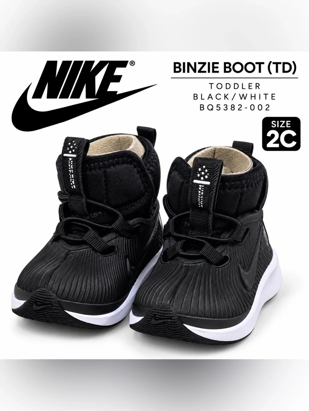 Nike Binzie Boot (TD) Baby/Toddler Size 2c Black/White BQ5382-002 Rain Boots NEW
